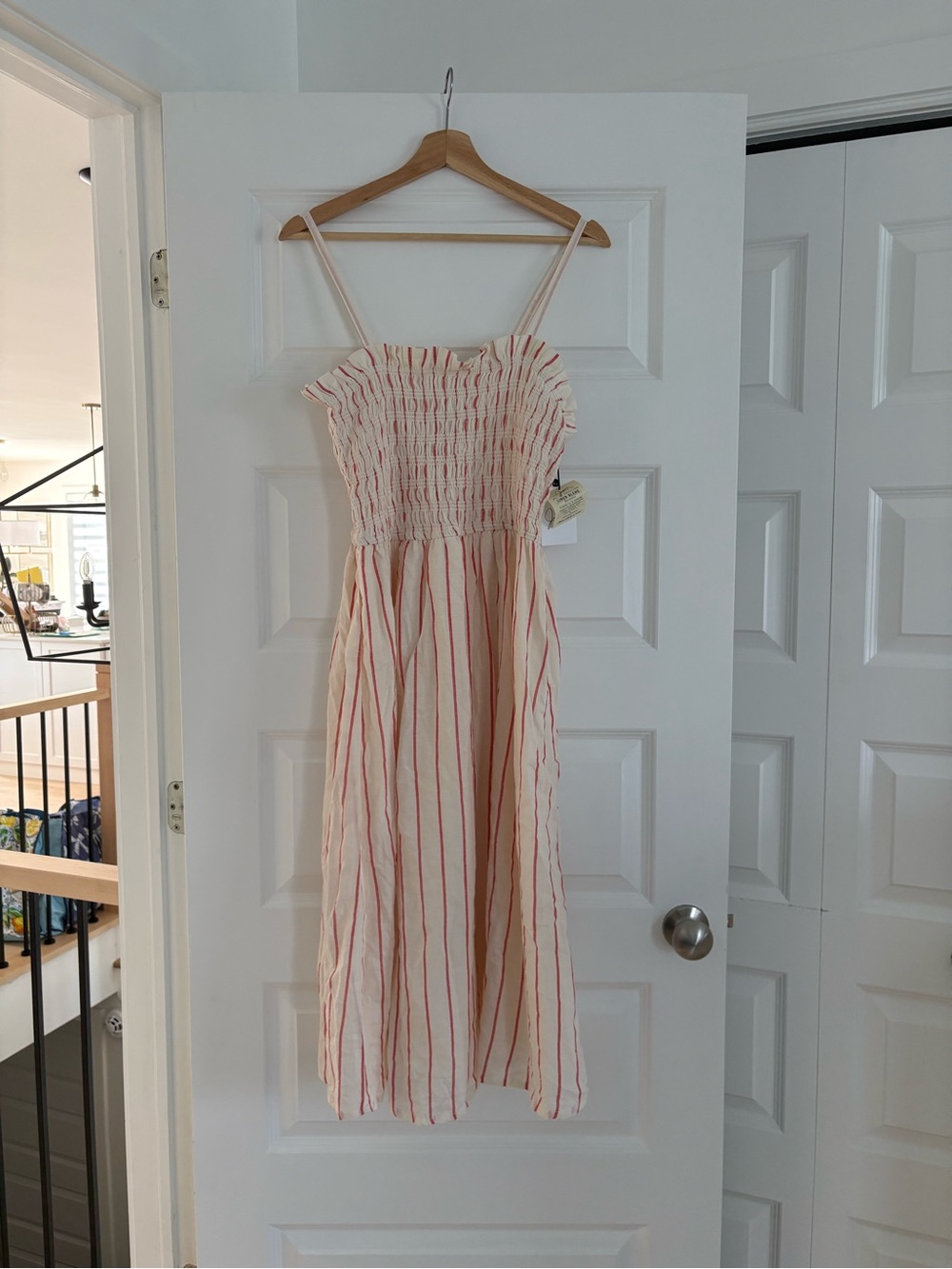 Smocked Midi Dress with Red Stripe Detail